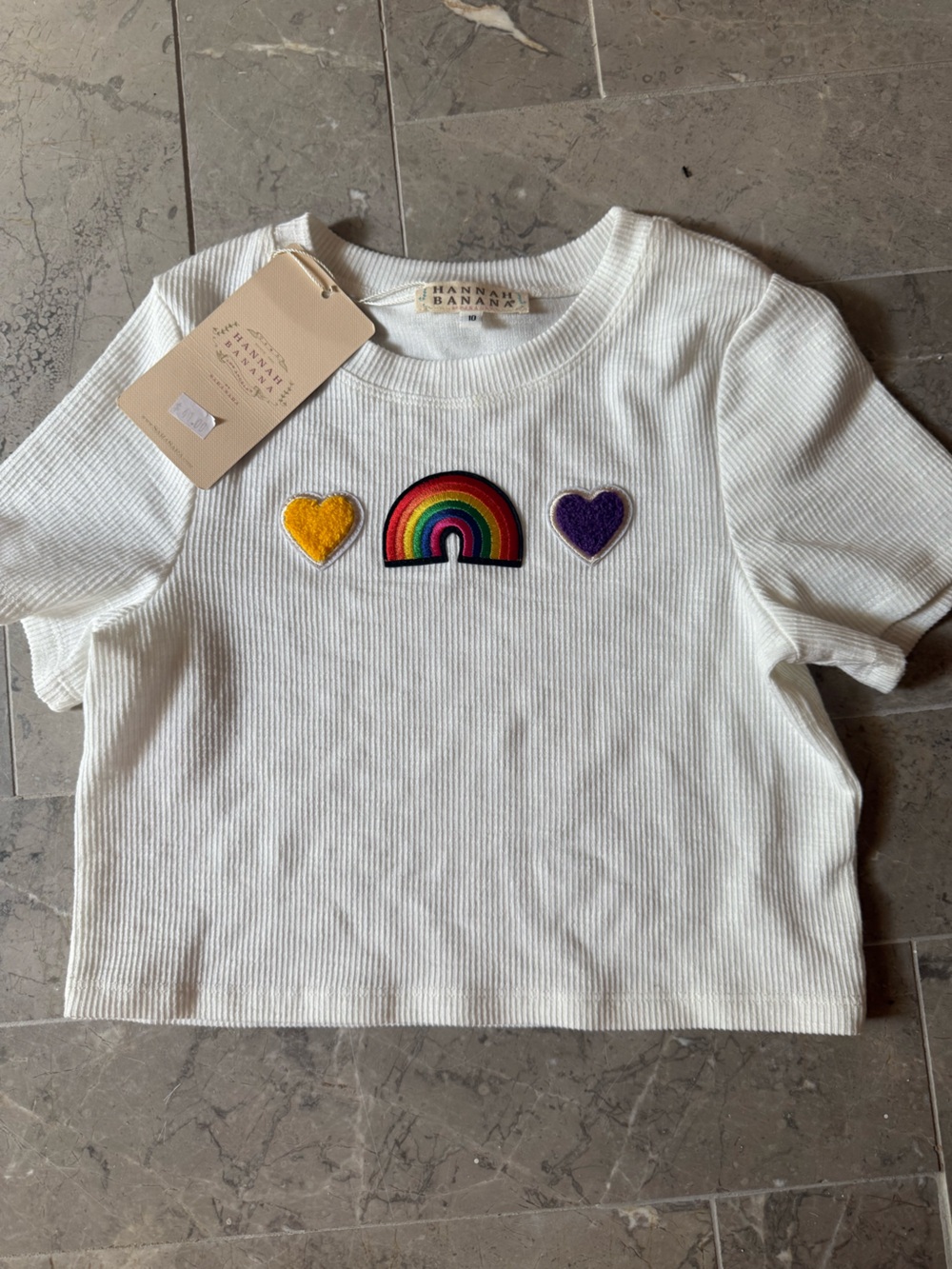 Hannah Banana White Ribbed Tee with Rainbow & Heart Patches size 10